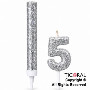 SET BENGALA Y VELA NUMERAL NUMERO 5 CON GIBRE PLATA